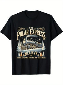Imagen del artículo 1pc camiseta de Navidad vintage cuello redondo manga corta 100 con diseño navideño - Negro - Ver 1