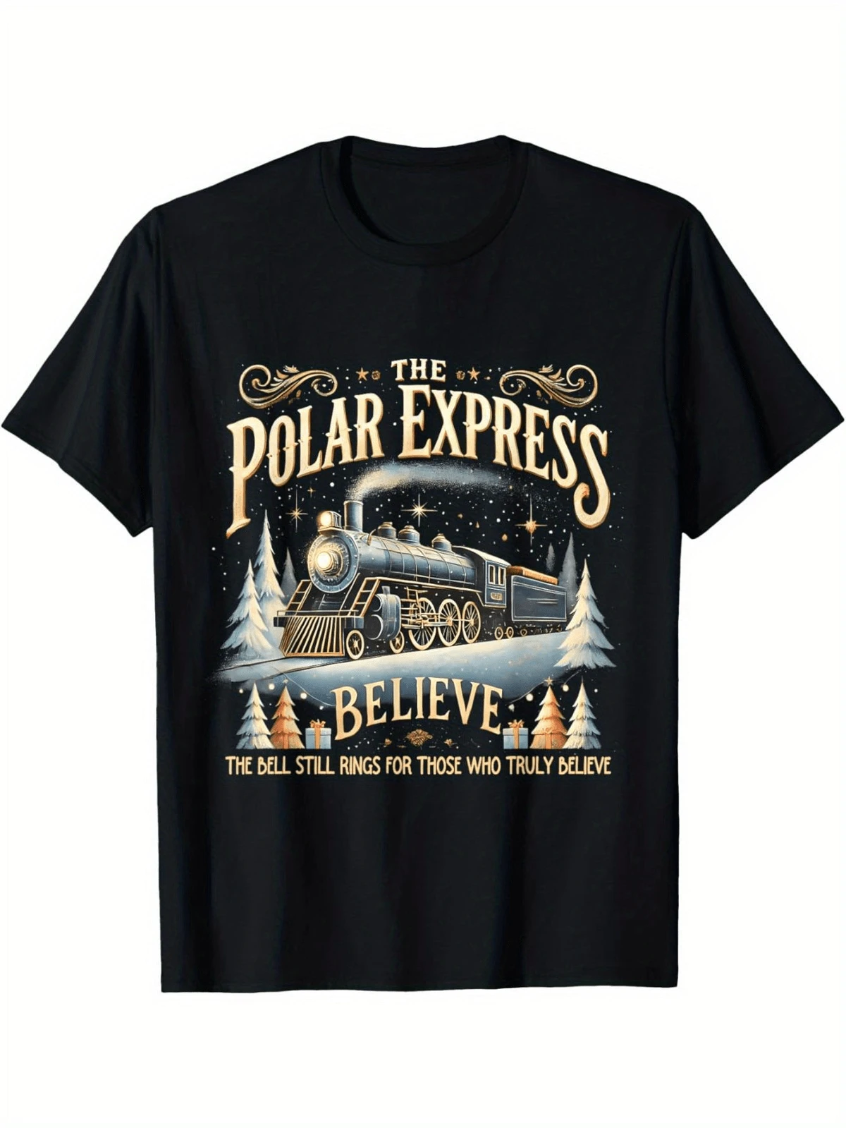 Imagen del artículo 1pc camiseta de Navidad vintage cuello redondo manga corta 100 con diseño navideño - Negro - Ver 1