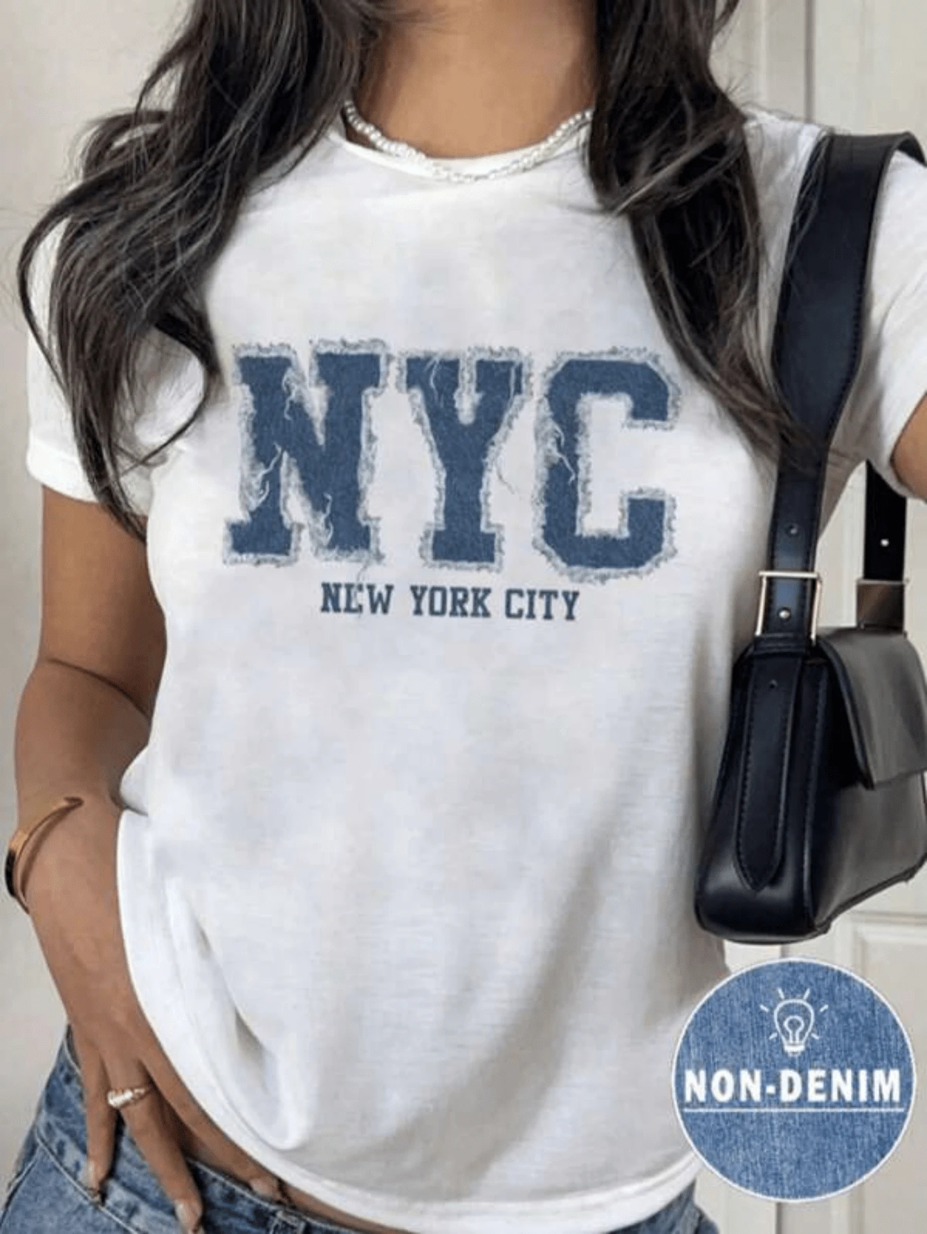 Camiseta Manga Corta Cuello Redondo Estampado NYC Denim Mujer - Blanco - Ver 1