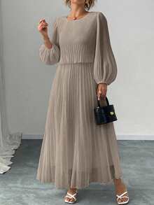 Elegant White Pearl Chiffon Long Sleeve Dress Spring - Khaki - View 1