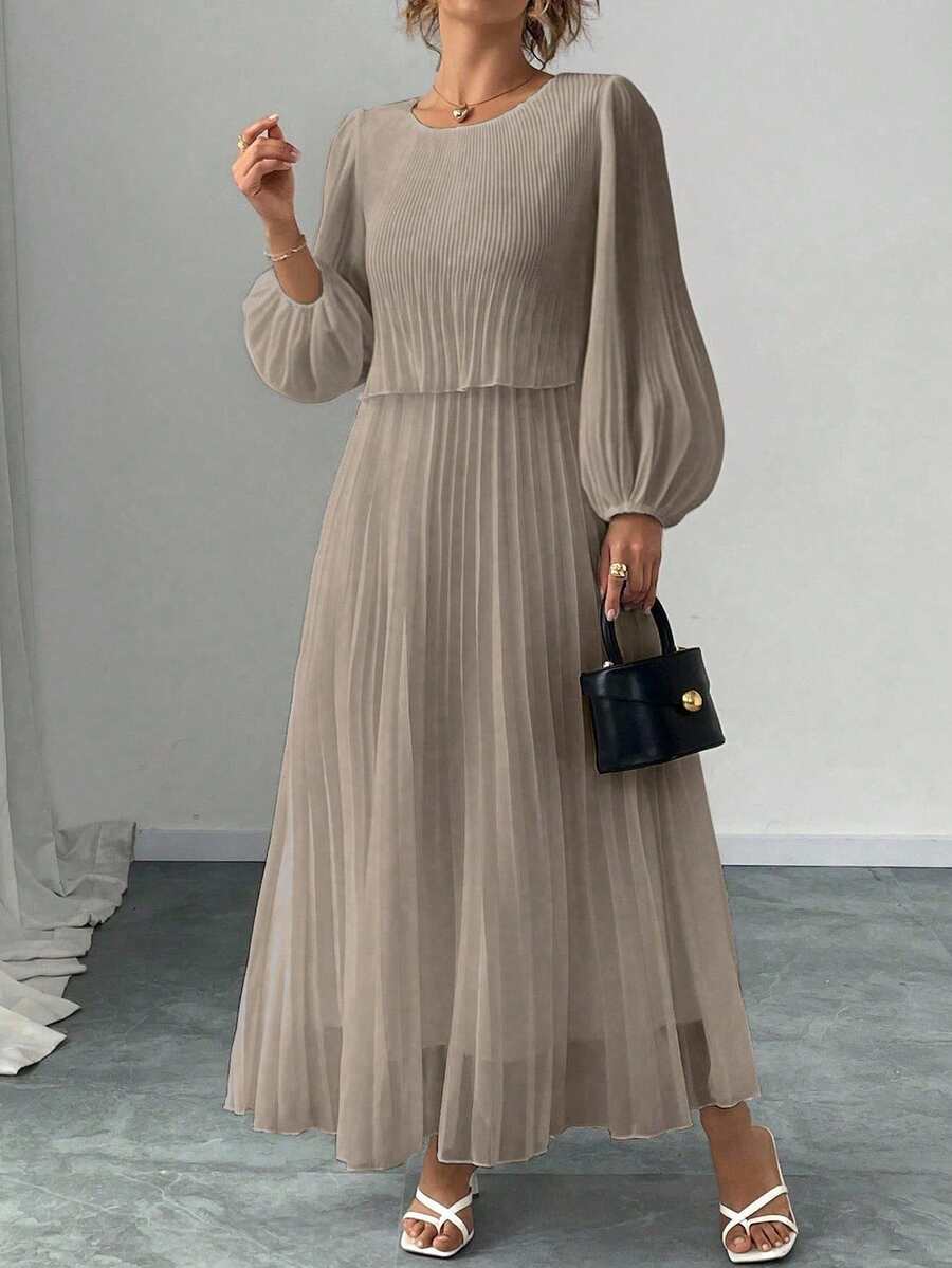 Elegant White Pearl Chiffon Long Sleeve Dress Spring - Khaki - View 1