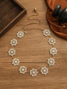 1pc Women's Metal Multicolor Faux Pearl Rhinestone Floral Classic Waist Dress Belt, Suitable For Summer Outdoor Wear, Great Christmas Gift For Friends Summer, School Fall, Autumn, Halloween - Bạc - Xem 8