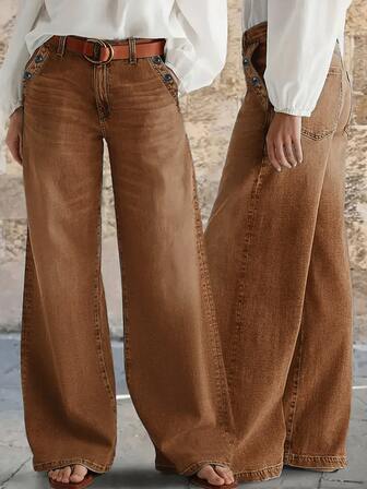 New Women's Vintage Button-Wash Wide Leg Casual Denim Jeans In Brown - High Quality, Stylish And Comfortable