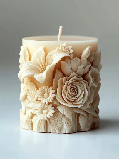 精致玫瑰百合花卉图案硅胶蜡烛模具 – 椭圆形，适用于DIY蜡烛、手工皂和工艺品，香薰蜡烛模具 | 艺术蜡烛设计 | 精致图案模具，硅胶蜡烛模具