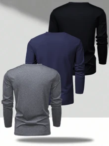3pcs Men's Solid Color Long Sleeve T-Shirts, Basic Casual Tees For Spring & Autumn, Suitable For Beach, Resort, Sports, Golf, Fishing, Basketball, Camping, Gym, Outdoor Activities, Thin Undershirts, Autumn, Gift For Boyfriend/Husband, Vacation - Multicolor - View 2