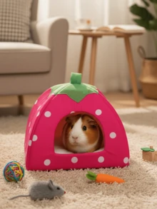 舒适柔软的小动物草莓窝，适合仓鼠、豚鼠、兔子等小型宠物，毛绒垫可拆卸清洗，是小型宠物冬季睡眠的理想之选。