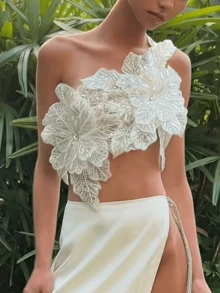 Women One Shoulder 3D Flower Decor Crop Top Backless Tie Up Shimmering Sequin Mesh Cami Tank Tops Sparkly Bandeau Tube Tops Rave Club Party Going Out Tops Vests Streetwear - Trắng - Xem 4