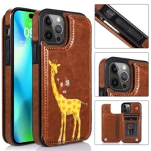 Original Manchas naranjas en jirafa Funda de piel para teléfono 16 Pro Max/16 plus/ 15 Pro Max/15 Plus/14 Pro Max/14 Plus/13 Pro Max/13 Plus/12 Pro Max | Tacto de piel auténtica con funcionalidad de cartera multitarjetas | Regalos de gama alta - Marrón - Ver 1