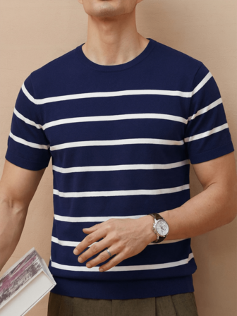 Men's Casual Black And White Striped Knit Short Sleeve T-Shirt