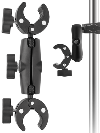 高强度复合材料双蟹超级夹，带双球头适配器 – 360°多角度魔术臂支架，适用于摩托车和自行车车把、三脚架杆、吊臂、灯架、桌面边缘和横杆；强力防滑抓握，1/4英寸宽接口，兼容GoPro、Insta360 X2/X3和运动相机，适用于骑行、Vlog、直播、影棚灯光、户外拍摄和摄影配件搭建