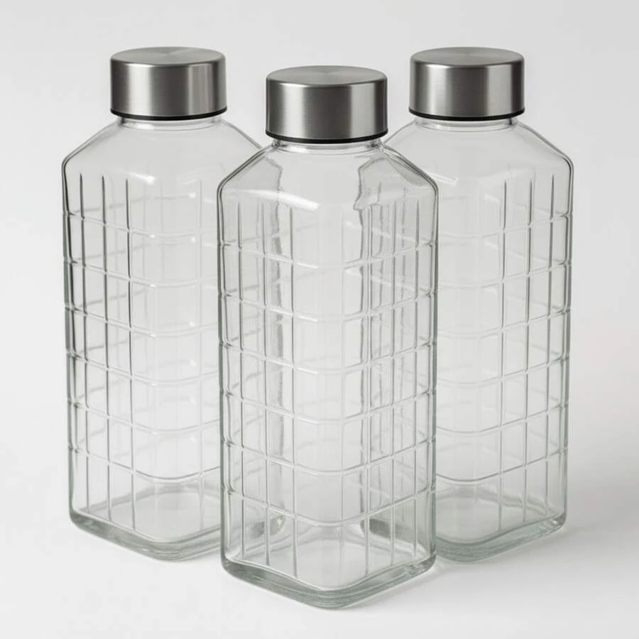 Unique Set Of 3 European-Style Glass Bottles With Airtight Lids For Water, Juices, And Teas, 1000ml, Minimalist Design, Refrigerator Fit - Gris - Ver 1