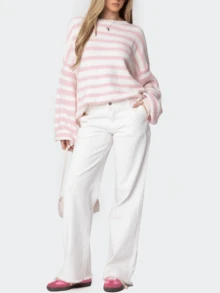Cute Oversized Striped Sweaters Y2k Knit Long Sleeve Crew Neck Pullover Sweatshirt Vintage Color Block Preppy Clothes - 粉色 - 查看 5