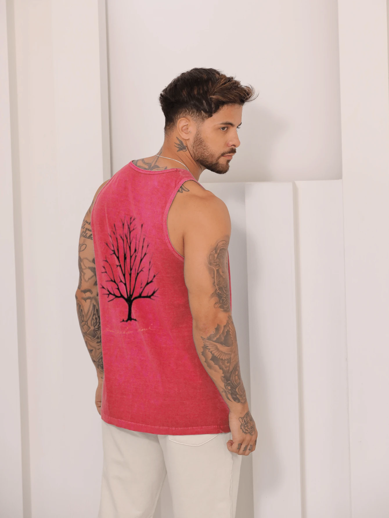 Men's Standard Sleeveless Printed Summer Tank Top With Washed Knit Stitching - Red - View 1