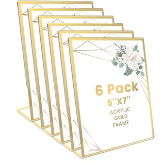 Skylthållare i klar akryl, 13 x 18 cm, L-formad gyllene fotoram, broschyrklämma för bröllopsbordsnummer och menyhållare (6 st)