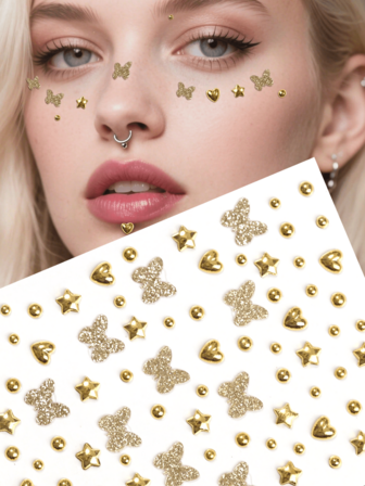2 Sheets Gold Face Gems Glitter Body Glittery Stereo Gem Stickers Rave Accessories Makeup Rhinestone Stickers Y2K Style Music Festival DIY Eyes Face Jewels