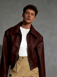 Men's Fitted PU Jacket For Outdoor & Daily Wear - Black, Fall/Winter Leather-Look Coat, Collared Zip-Up Design, Versatile For Home, Casual, Sports, Suitable For Teens To Adults | Men's Winter Jacket | Men's Leather-Look Outerwear | All-Age Casual Outdoor Jacket - Rượu vang đỏ - Xem 4