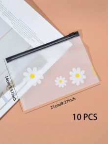 10pcs Cute Daisy Print Zipper Storage Bags: Ideal For Organizing Cosmetics, Hair Accessories And Travel Items - Made Of Waterproof PVC Material - White - View 3
