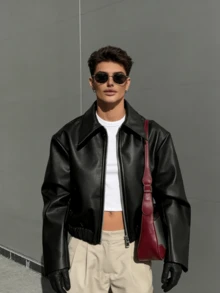 Men's Fitted PU Jacket For Outdoor & Daily Wear - Black, Fall/Winter Leather-Look Coat, Collared Zip-Up Design, Versatile For Home, Casual, Sports, Suitable For Teens To Adults | Men's Winter Jacket | Men's Leather-Look Outerwear | All-Age Casual Outdoor Jacket - màu đen - Xem 4
