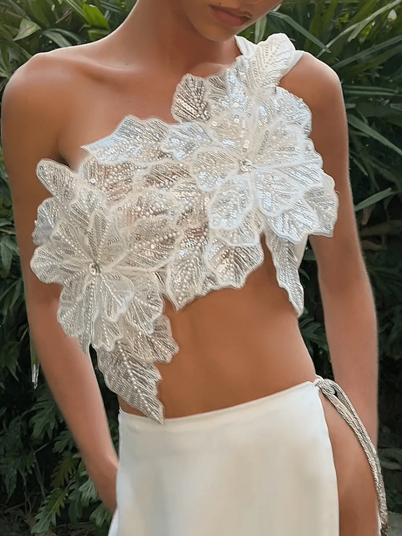 Women One Shoulder 3D Flower Decor Crop Top Backless Tie Up Shimmering Sequin Mesh Cami Tank Tops Sparkly Bandeau Tube Tops Rave Club Party Going Out Tops Vests Streetwear - Trắng - Xem 1