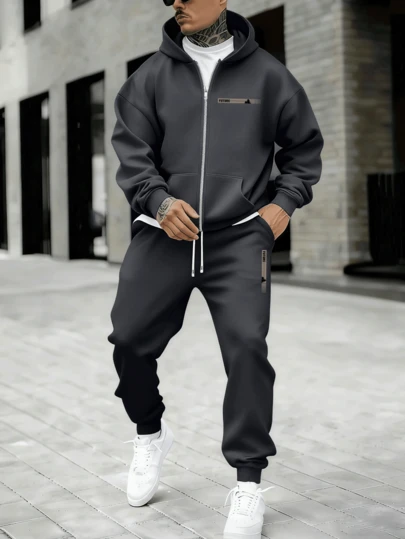 Plus Size Men's Zip-Up Hoodie And Drawstring Waist Sweatpants 2 Piece Set, Autumn/Winter
