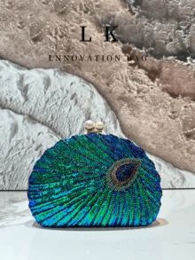 1PC Glitter Vintage Sequins Decor Clutch Purse, Classic Peacock Feather Pattern Evening Handbag, Women's Shiny Satchel Bag , Suitable For Formal Occasions Like Dinner Party, Wedding, Banquet, As Gift For Women Valentine's Day Gift - 藍色 - 查看 8