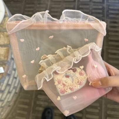 1pc Net Mesh Makeup Bag With Heart Embroidery, High-Quality Lining Pouch, Ins Style Cute Tissue Holder, Daily Storage Cosmetic Bag, Outdoor, Shopping