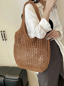 女款春季海灘包，鉤編包，大容量時尚托特包，單肩包，旅行必需品，適合學生與商務女性 - 棕色 - 查看 4