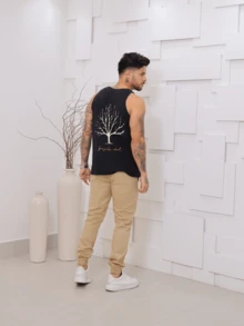 Men's Standard Sleeveless Printed Summer Tank Top With Washed Knit Stitching - Black - View 1