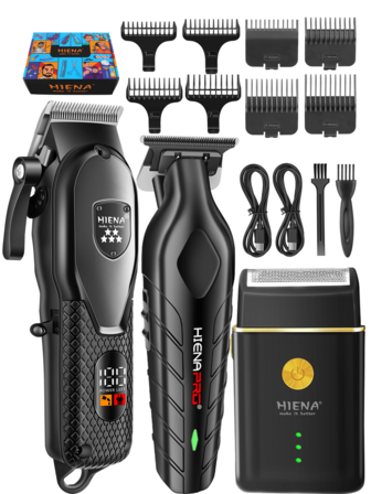 HIENA Juego de 1/2/3 piezas de cortapelos y acicalado de barba profesional, recortadora de cabello eléctrica inalámbrica para hombres, carga USB y pantalla digital, herramientas para el cabello para hombres, afeitadoras eléctricas portátiles, suministros de barbería para el hogar, regalos de Navidad para papá, regalos para hombres