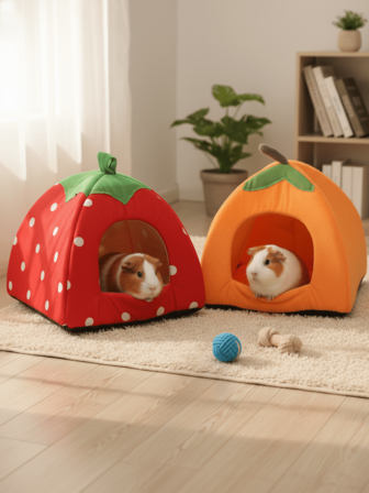 Pumpkin & Strawberry Combo Cozy Animal Bed, Suitable For Hamsters, Guinea Pigs, Rabbits, Removable & Washable Small Pet House For Winter