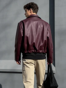 Men's Fitted PU Jacket For Outdoor & Daily Wear - Black, Fall/Winter Leather-Look Coat, Collared Zip-Up Design, Versatile For Home, Casual, Sports, Suitable For Teens To Adults | Men's Winter Jacket | Men's Leather-Look Outerwear | All-Age Casual Outdoor Jacket - Rượu vang đỏ - Xem 2