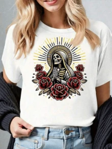 Camiseta para mujer  y blanca con esqueleto de la Virgen con rosas y halo radiante del Día de los Muertos - Blanco - Ver 5