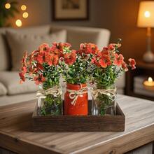 Rustic Wedding & Home Centerpiece: 3-Piece Mason Jar Vase Set On Decorative Wooden Tray – Farmhouse Kitchen, Dining Room, Living Room Decor - 橙色(雛菊) - 查看 10