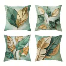 4pcs Modern Sage Green & Gold Leaf Pattern Velvet Throw Pillow Covers - Soft Decorative Pillow Shams With Zipper Closure, For Living Room And Bedroom Decor - Multicolor - View 9