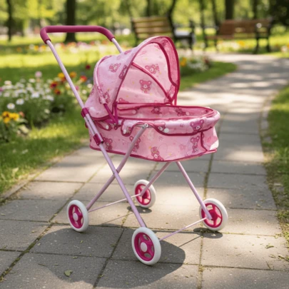 Este cochecito de juguete está hecho de metal y tiene capacidad para una muñeca. Es un regalo perfecto de Navidad, cumpleaños y Año Nuevo para niñas.