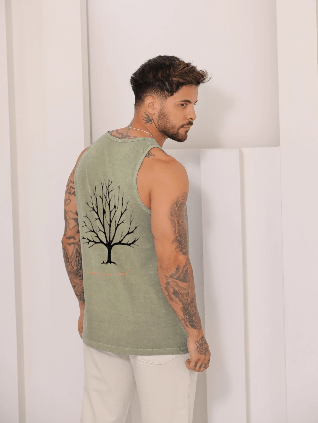 Men's Standard Sleeveless Printed Summer Tank Top With Washed Knit Stitching - Khaki - View 1