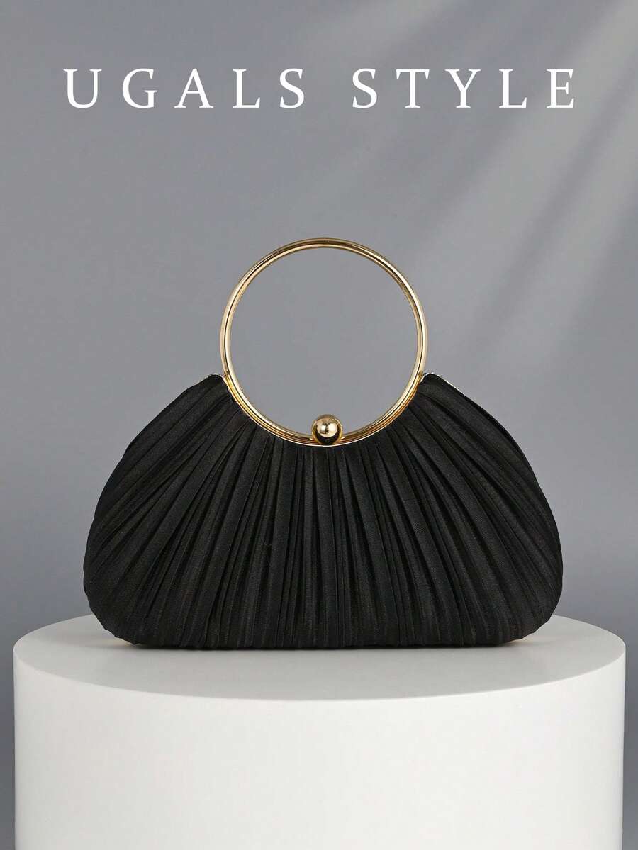 Women's Black Ruched Shell-Shaped Clutch - Elegant Evening Handbag With Gold Ring Handle & Hidden Chain Strap, Luxury Formal Purse For Weddings/Galas/Brides/Bridesmaids, Matches Gowns/Evening/Sequin Dresses, Ideal Bridal Shower Party Bag - màu đen - Xem 1