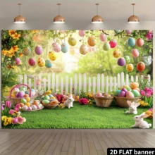 2D立体复活节春季花园派对横幅，鲜艳的涤纶背景，白色栅栏，彩色彩蛋和可爱兔子，适合家居、房间和墙面装饰。 - 綠色 - 查看 3