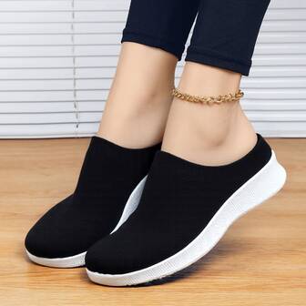 Helsvarta stickade lätta casual sneakers för kvinnor, vintage slip-on platåskor