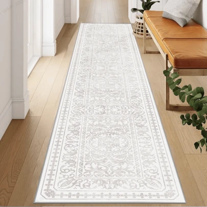 1pc New White Retro Persia Corridor Mat, Non-Slip Staircase Golden Floor Mat, Machine Washable Polyester Strip Mat, Suitable For Corridor Living Room Bedroom Sunroom Hardwood Floor Mat, Christmas Decorative Carpet