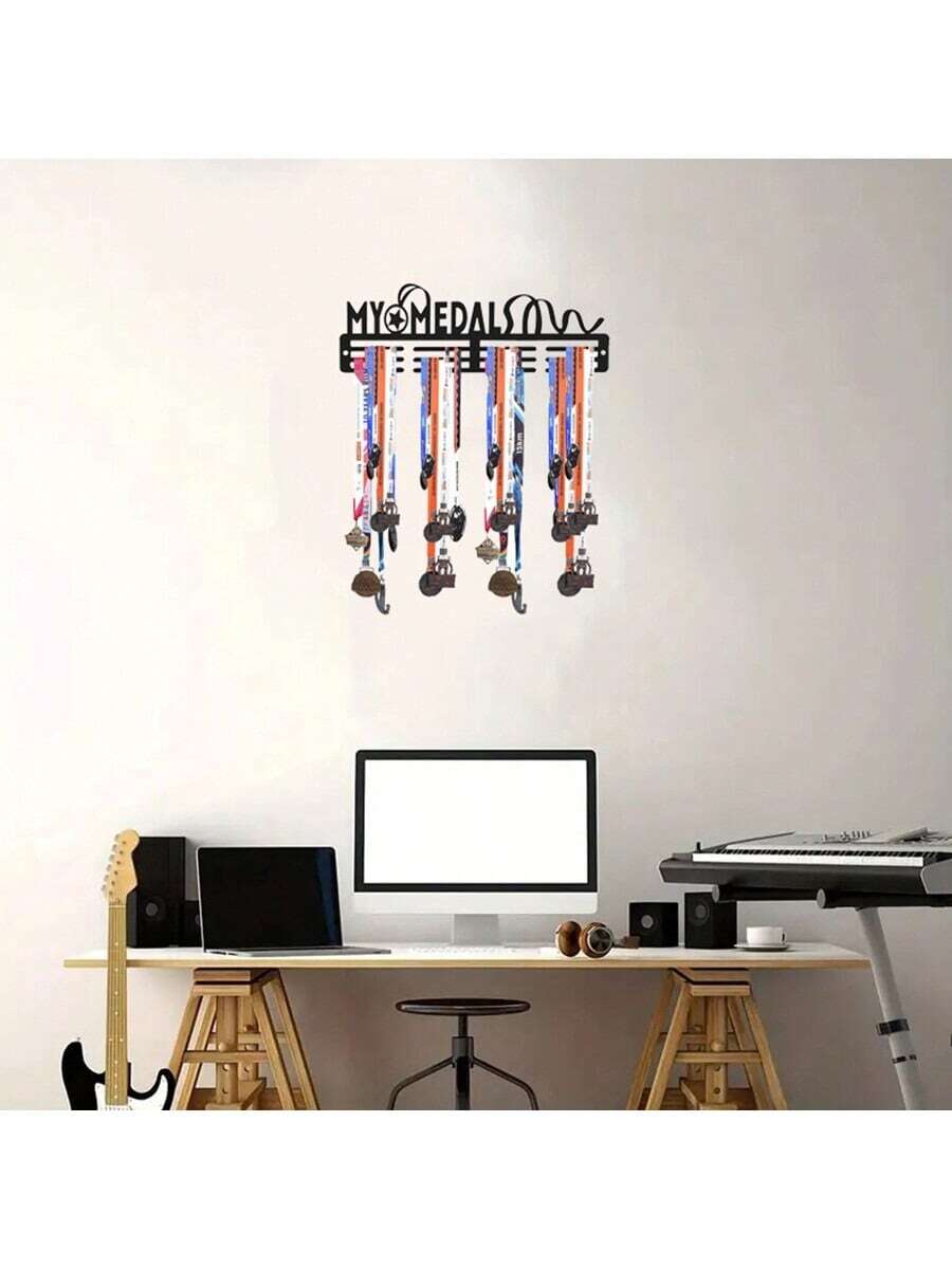 1个，金属奖牌展示架，壁挂式黑色字母剪影奖牌收纳架，壁挂装饰，我的奖牌