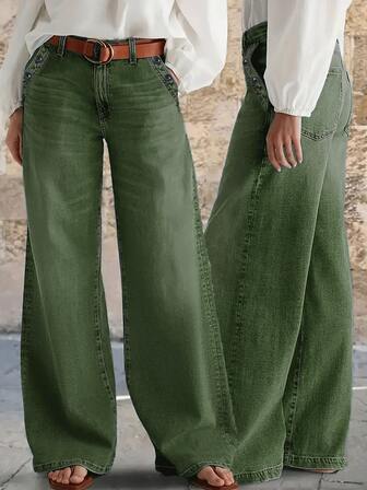 Nuevos jeans casuales de pierna ancha y ajuste holgado con múltiples botones lavados para mujer - Verde, pantalones vaqueros de alta calidad