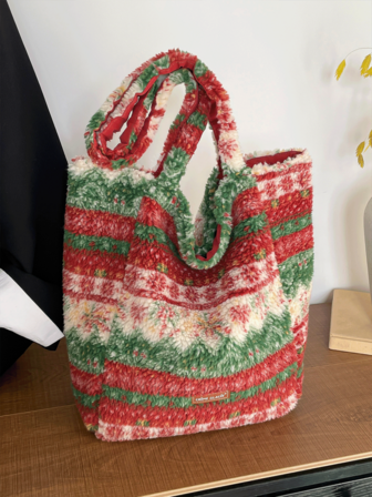 1개, 다용도 패션, 틈새 디자인, 손으로 쓰는 선하 증권 숄더 토트 백, 대비되는 플러시 천 라벨 크리스마스 요소, 양면 장식 멀티 컬러 옵션 사각 가방, 여성의 일상적인 통근 및 쇼핑 외출에 적합합니다.