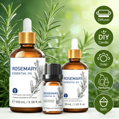  HIQILI Rosemary Essential Oil, 100ml/30ml/10ml, 100% Pure Plant Essential Oil, Suitable For Hair And Skin Care, Can Be Added To Shampoo To Make Hair Soft And Shiny, Also Can Be Used In Shower Gel, DIY Candles And Perfumes.