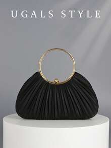 Women's Black Ruched Shell-Shaped Clutch - Elegant Evening Handbag With Gold Ring Handle & Hidden Chain Strap, Luxury Formal Purse For Weddings/Galas/Brides/Bridesmaids, Matches Gowns/Evening/Sequin Dresses, Ideal Bridal Shower Party Bag - màu đen - Xem 10