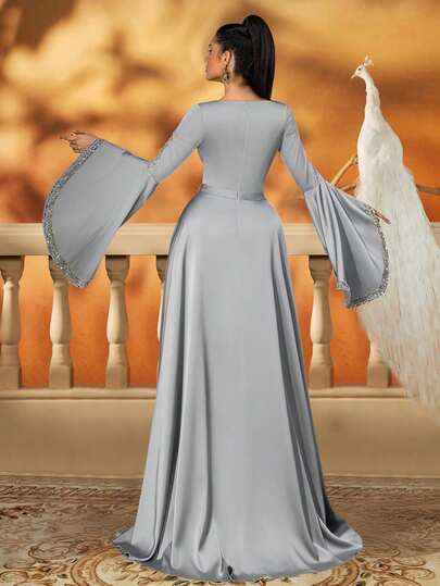 AmazingHoney Luxury Elegant Arabian Modest Sequin Beaded Maxi Dress Gown Kaftan Abaya Jalabiya Robe Evening Wear Party Prom Wedding Guest Floor Length V-Neck Flare Bell Sleeve Belted Shimmering Metallic Silver Formal Dress Ramadan Eid Gala Old Money Glamour Occasion Wear One-Piece Frock