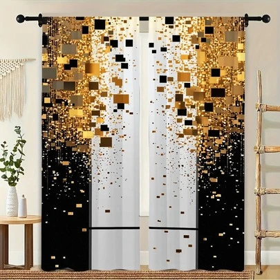 2Pcs Curtain 2D Flat Futuristic Abstract Pixelated Composition With Central Gray Vertical Stripe Black And Gold Symmetrical Pixels Reflective High - Tech Aesthetic Window Drapes For Bedroom Living Room Decoration Window Treatment.