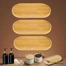 3件套竹制梳妆托盘套装，椭圆形木质浴室台面收纳架，可放置皂液器、蜡烛和香水，小型天然储物盘，可用于厨房调料和首饰 - 农舍风格家居装饰 - 彩色 - 查看 6