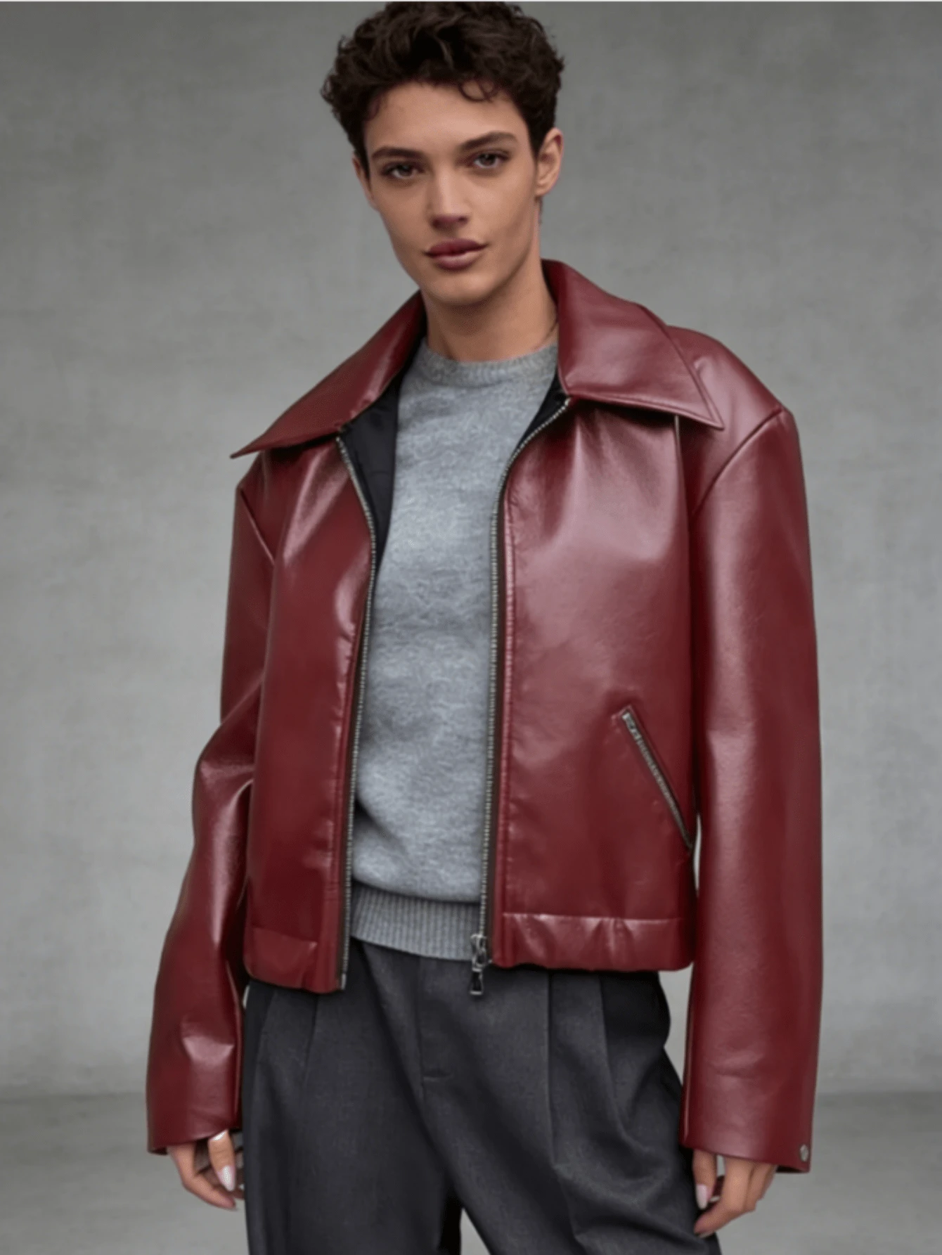 Men's Fitted PU Jacket For Outdoor & Daily Wear - Black, Fall/Winter Leather-Look Coat, Collared Zip-Up Design, Versatile For Home, Casual, Sports, Suitable For Teens To Adults | Men's Winter Jacket | Men's Leather-Look Outerwear | All-Age Casual Outdoor Jacket - 紅色 - 查看 1