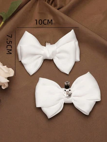 1 Pair (2pcs) Removable DIY Shoe Accessories, Decorative Bowknot & Flower Shaped, Fashion & Elegant, Suitable For High Heels, Pumps, Dress Shoes, Office, Business, Party, Wedding - Available In Pink, Gray, Burgundy, Green, White, Black, Apricot, Rose Red, Light Pink, Beige - White - View 4